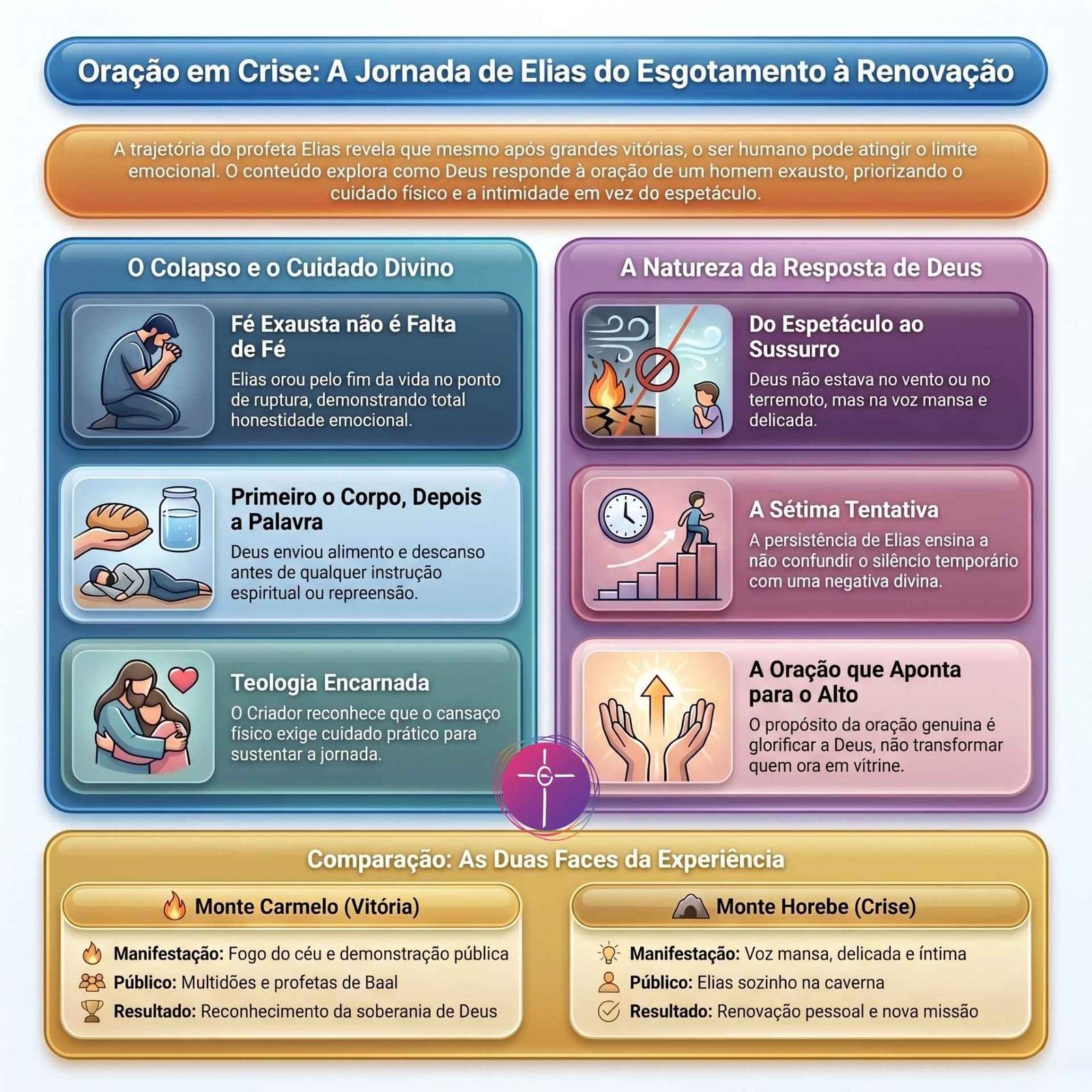 Infográfico sobre a jornada de Elias contra o esgotamento. Destaca o cuidado divino e compara as experiências nos montes Carmelo e Horebe.