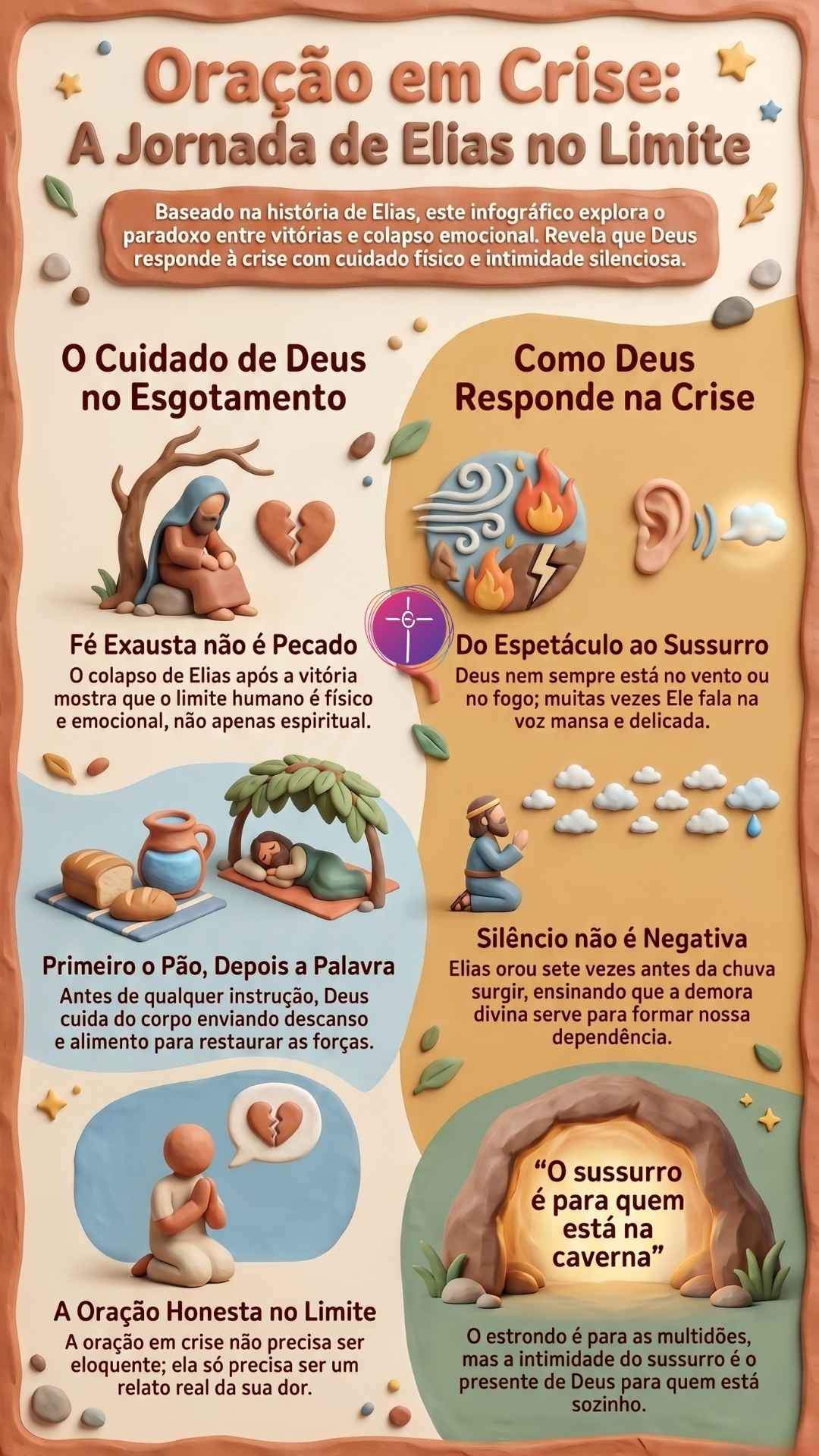 Oração Em Crise: A Lição De Elias Para Quem Está No Limite Infográfico em estilo massinha sobre a jornada de Elias. Ilustra o esgotamento emocional e o acolhimento de Deus pelo sussurro.