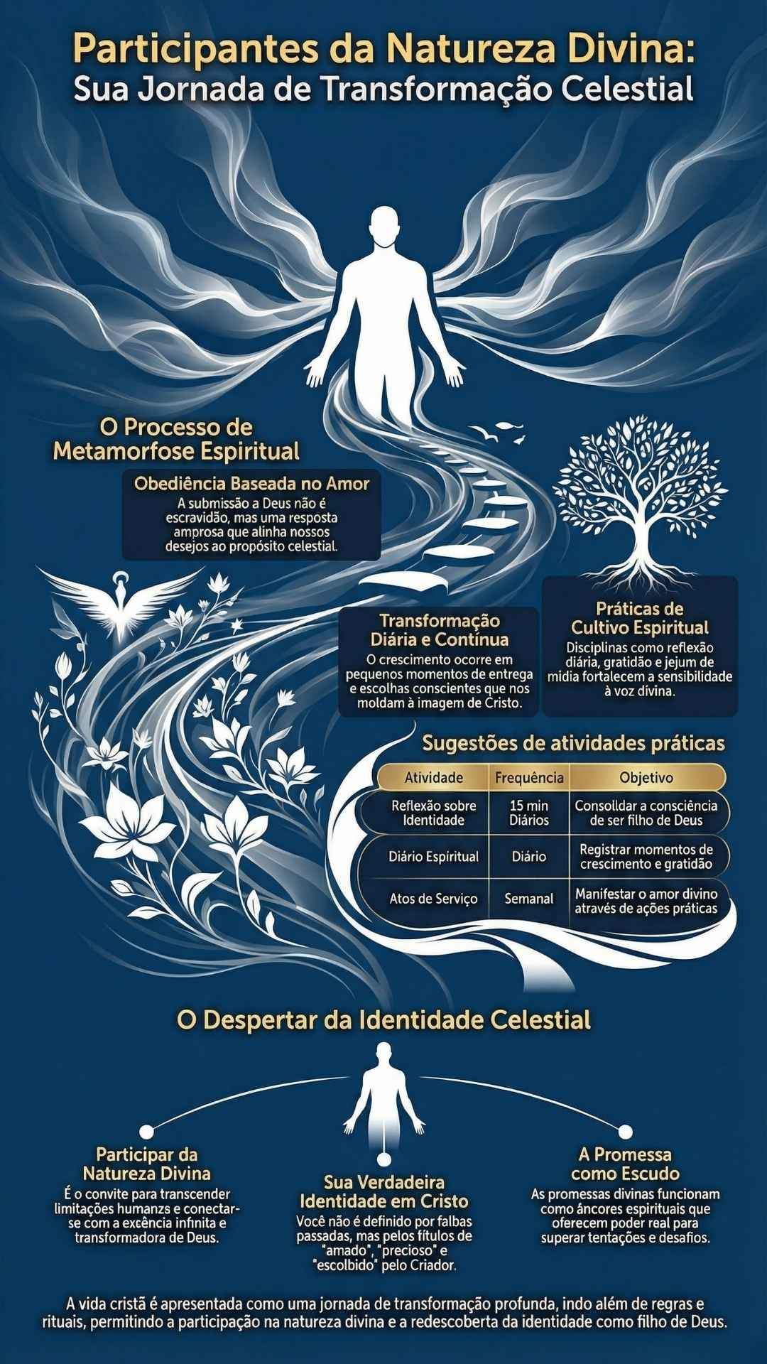 Infográfico Participantes da Natureza Divina. Exibe silhueta humana iluminada sobre caminho de degraus. Conteúdo aborda obediência amorosa , transformação contínua e cultivo espiritual. Tabela lista atividades como reflexão e diário espiritual. Base destaca identidade em Cristo e promessas divinas.