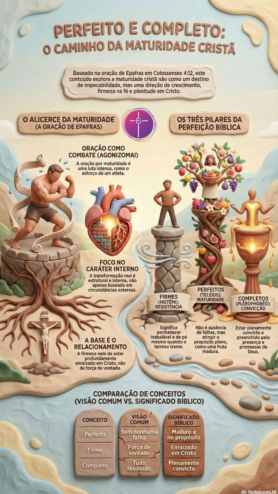 Infográfico pedagógico com estética de massinha 3D. Título: Perfeito e Completo: O Caminho da Maturidade Cristã.