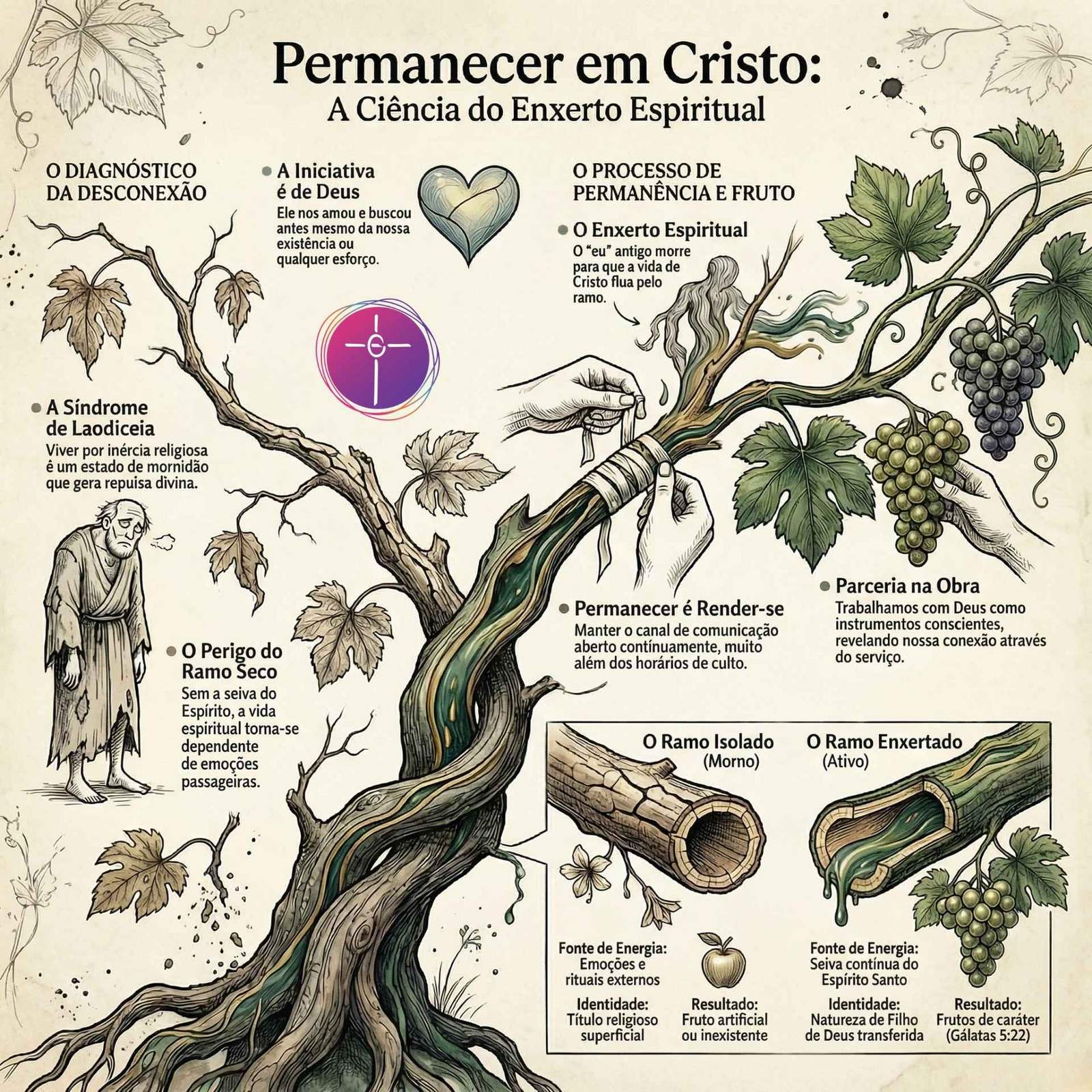 Infográfico ilustrado com estilo botânico vintage. O título destaca Permanecer em Cristo: A Ciência do Enxerto Espiritual.