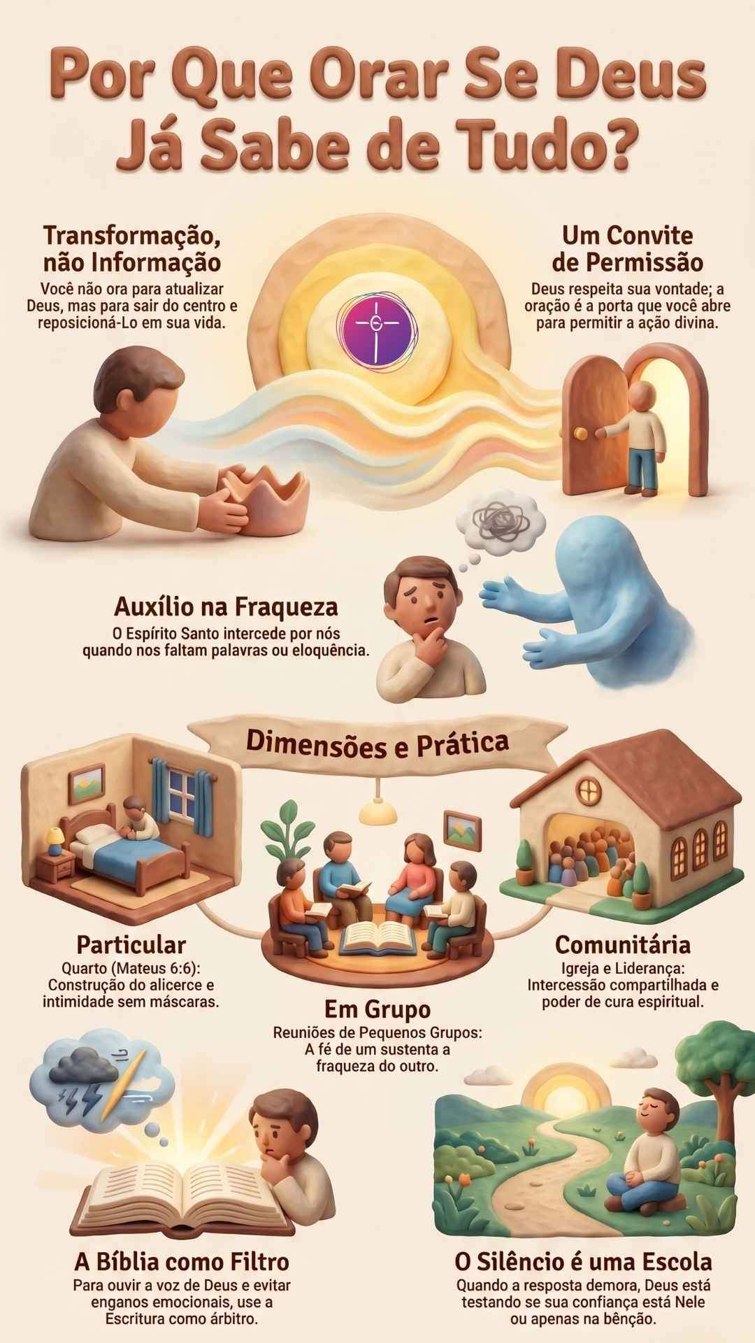 Infográfico sobre oração com ilustrações em estilo massinha de modelar. Textos explicam propósitos e dimensões práticas do ato de orar.