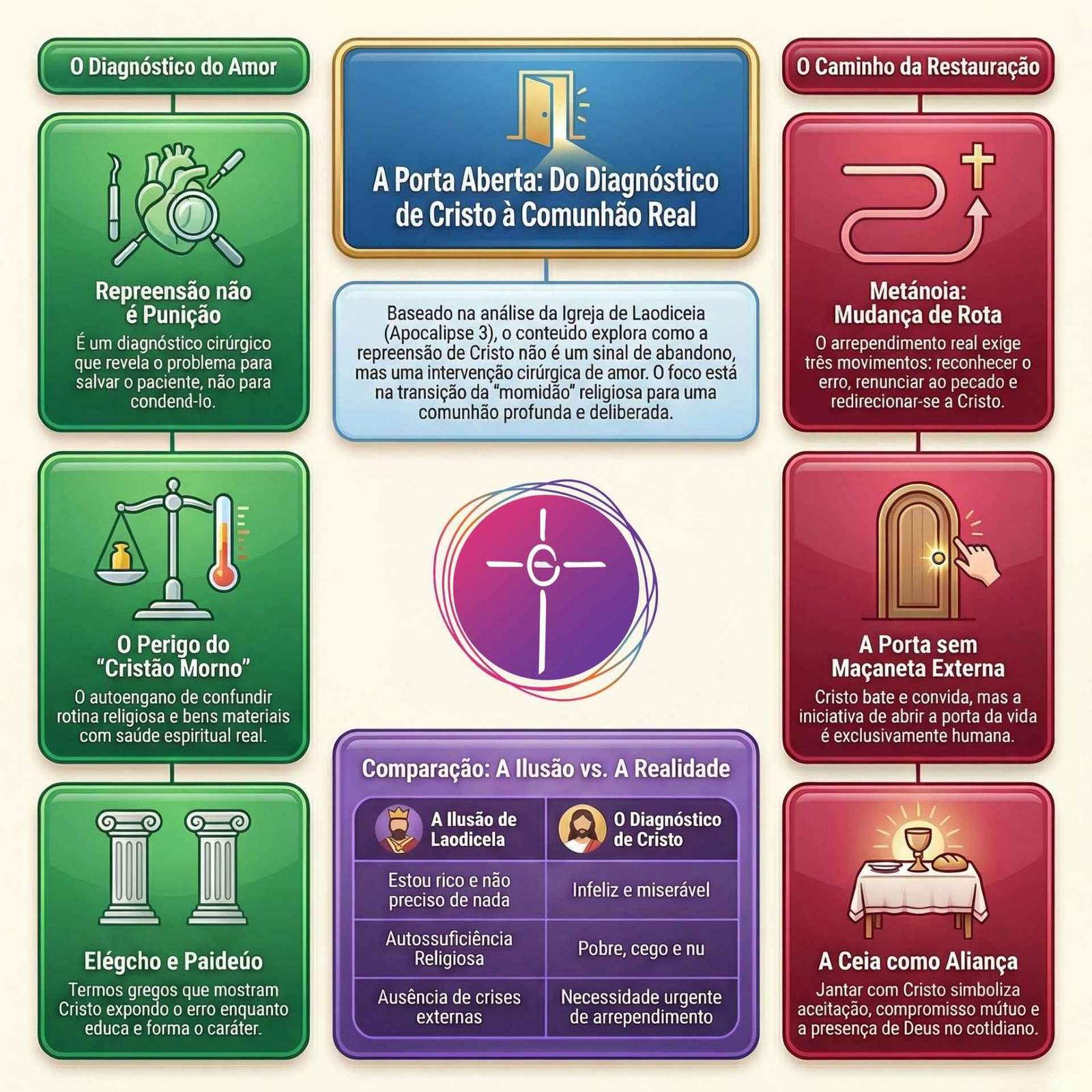 Infográfico organizado em três blocos sobre Apocalipse 3. O título foca no diagnóstico de Cristo e na comunhão real.