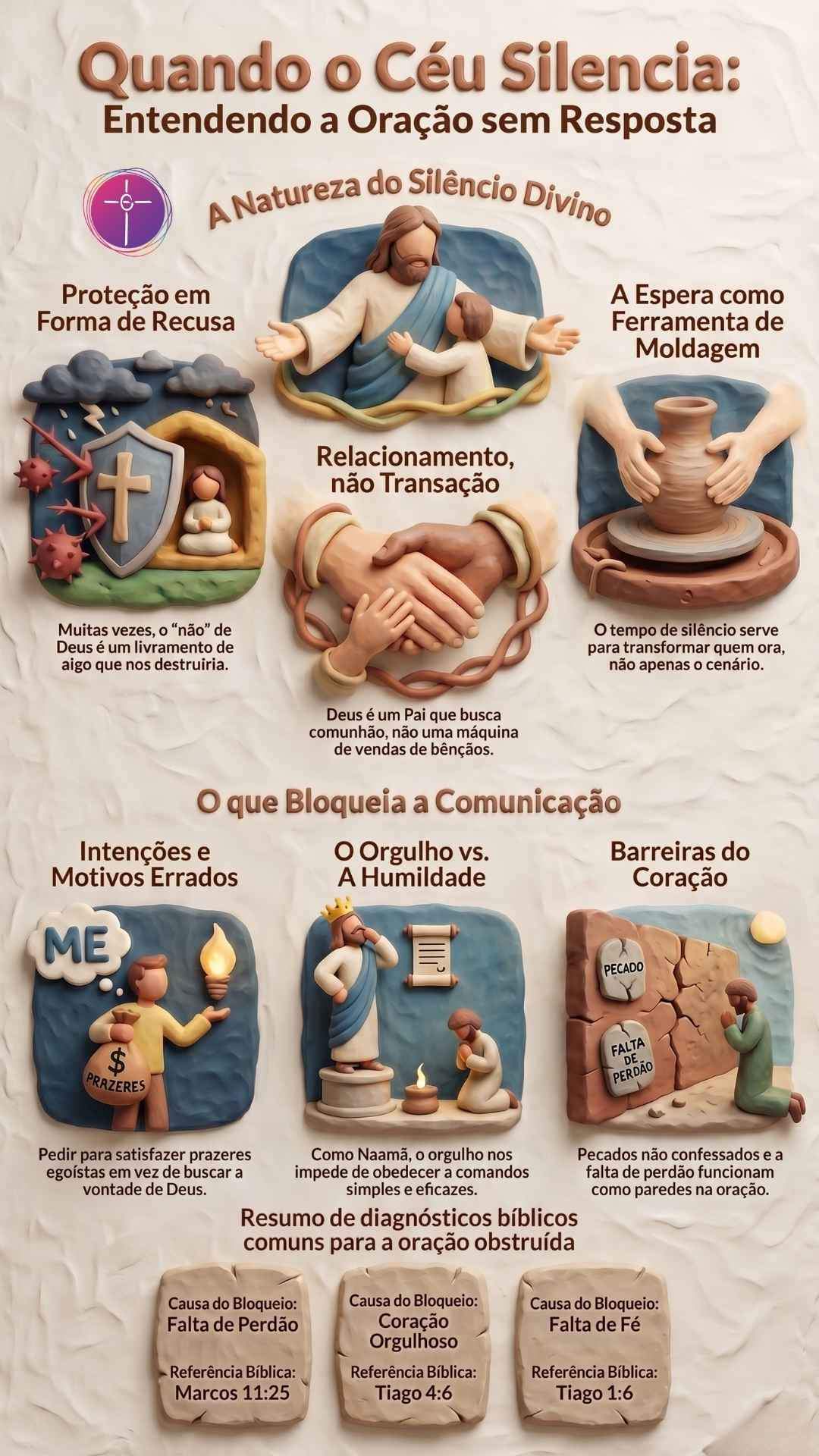 Infográfico sobre oração sem resposta. Ilustrações estilo argila mostram o silêncio divino e bloqueios da comunicação.