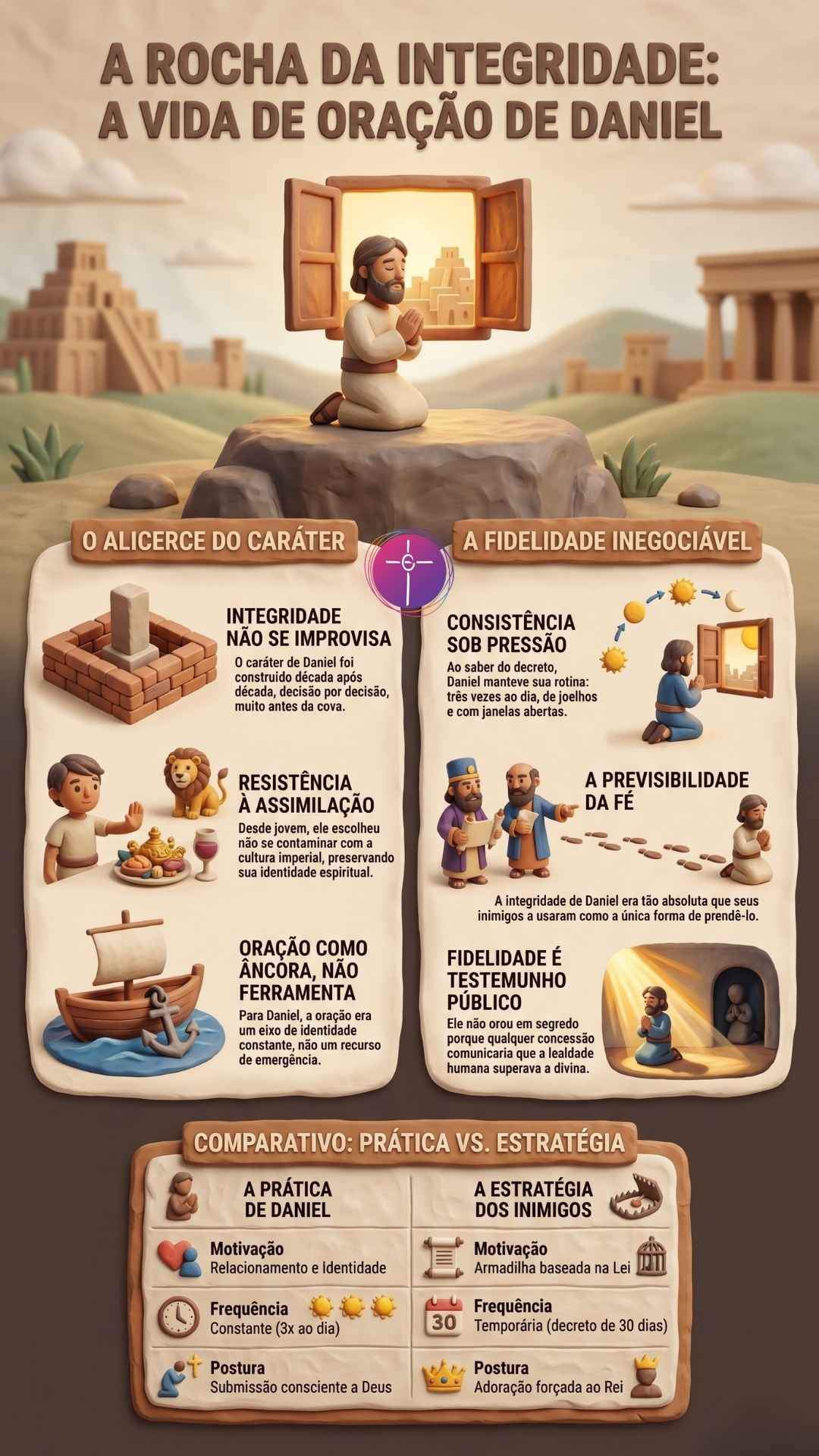 Infográfico sobre a vida de oração de Daniel. Aborda alicerce do caráter, fidelidade inegociável e comparativo prático contra os inimigos.