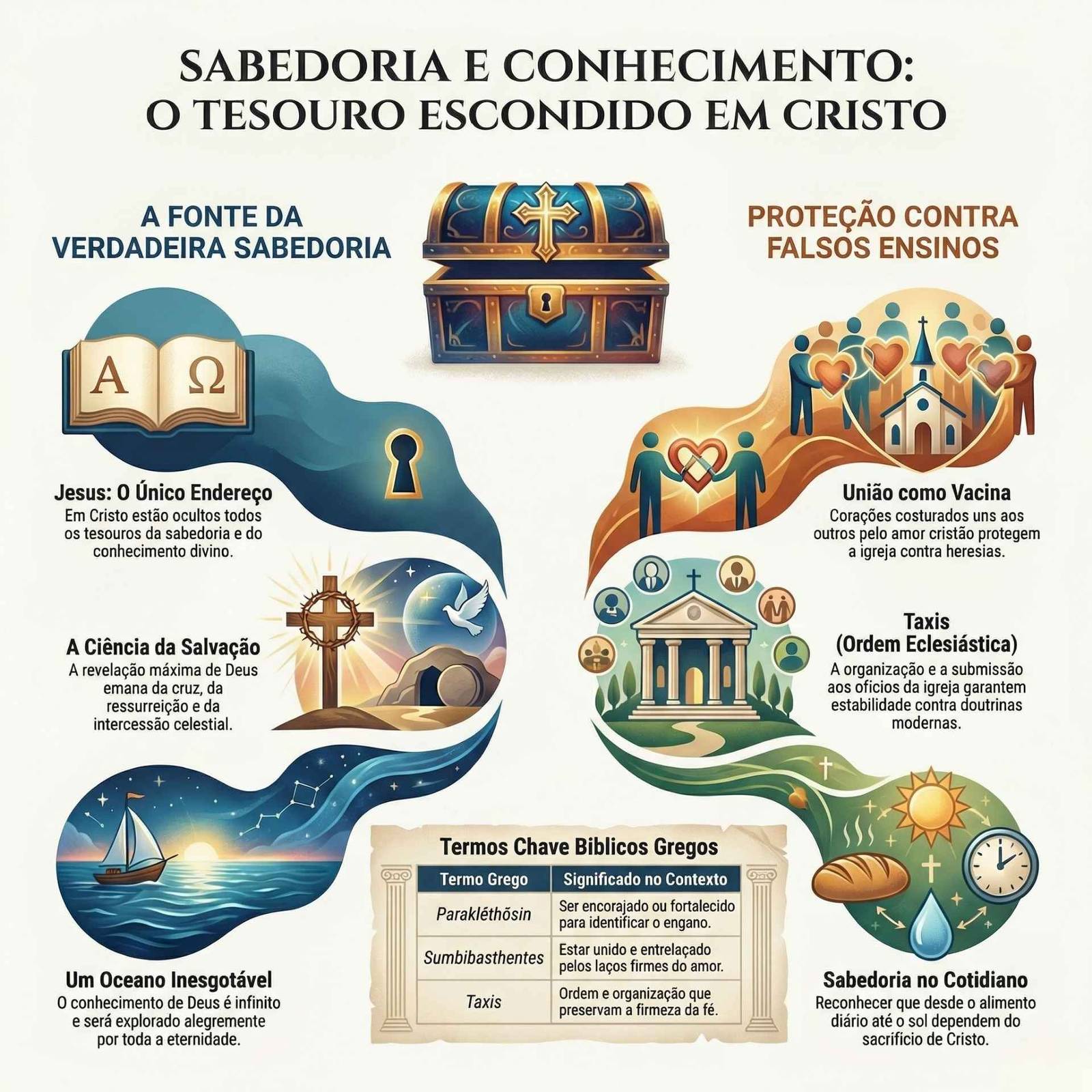Infográfico sobre sabedoria e conhecimento em Cristo. Um baú ornamentado com uma cruz centraliza a composição.