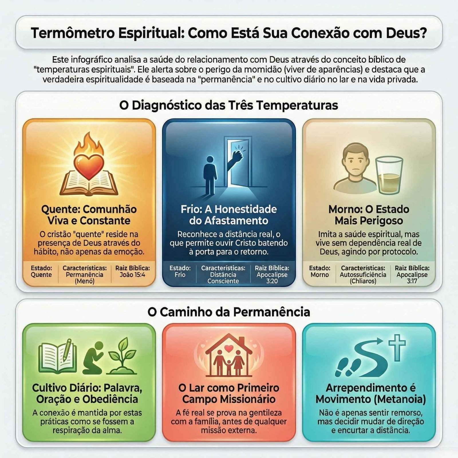 Infográfico intitulado Termômetro Espiritual. Define três níveis de conexão com Deus: quente, frio e morno.