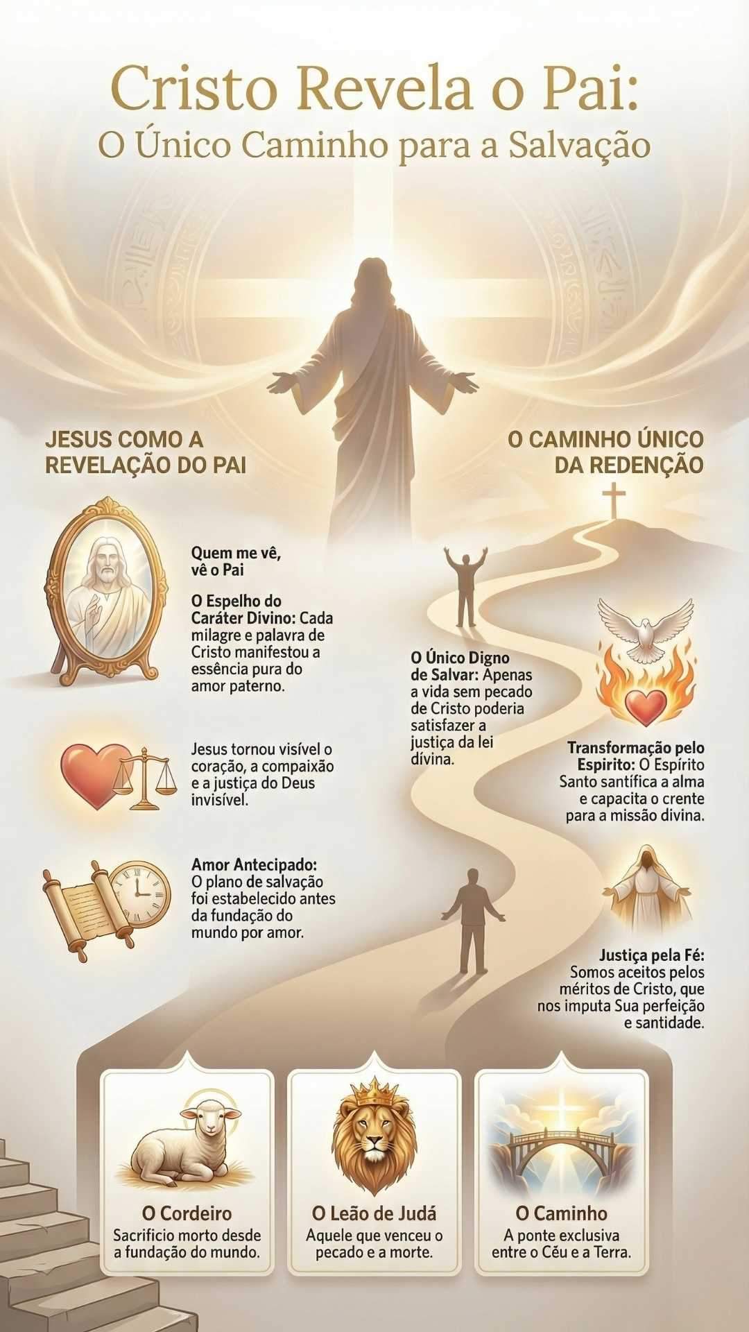 Cristo Revela O Pai: O Único Caminho Para A Salvação Infográfico vertical com Jesus ao centro. Um caminho dourado sobe em direção a uma cruz.