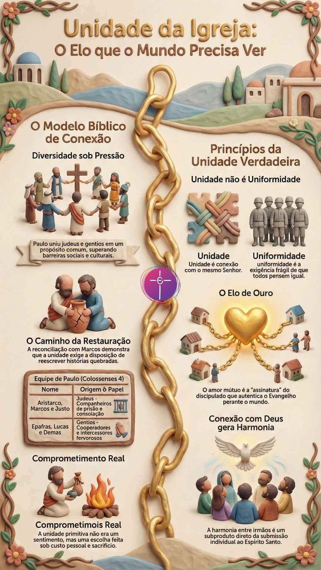 Infográfico pedagógico com estilo de massinha. Título: Unidade da Igreja e o Elo Visível ao Mundo.
