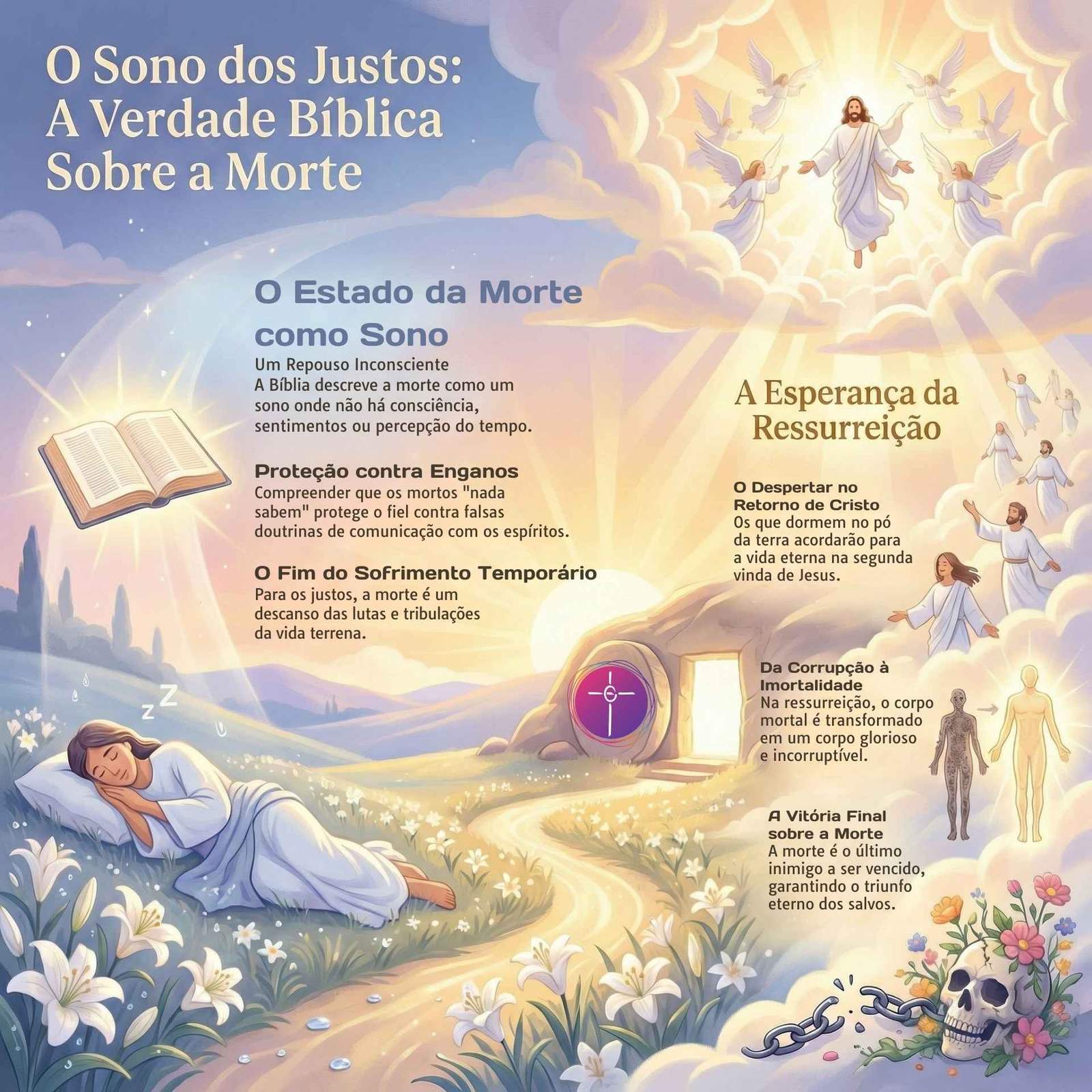 Bíblia aberta iluminada com luz suave, destacando o estudo bíblico sobre o estado dos mortos e a vitória de Cristo sobre a morte.