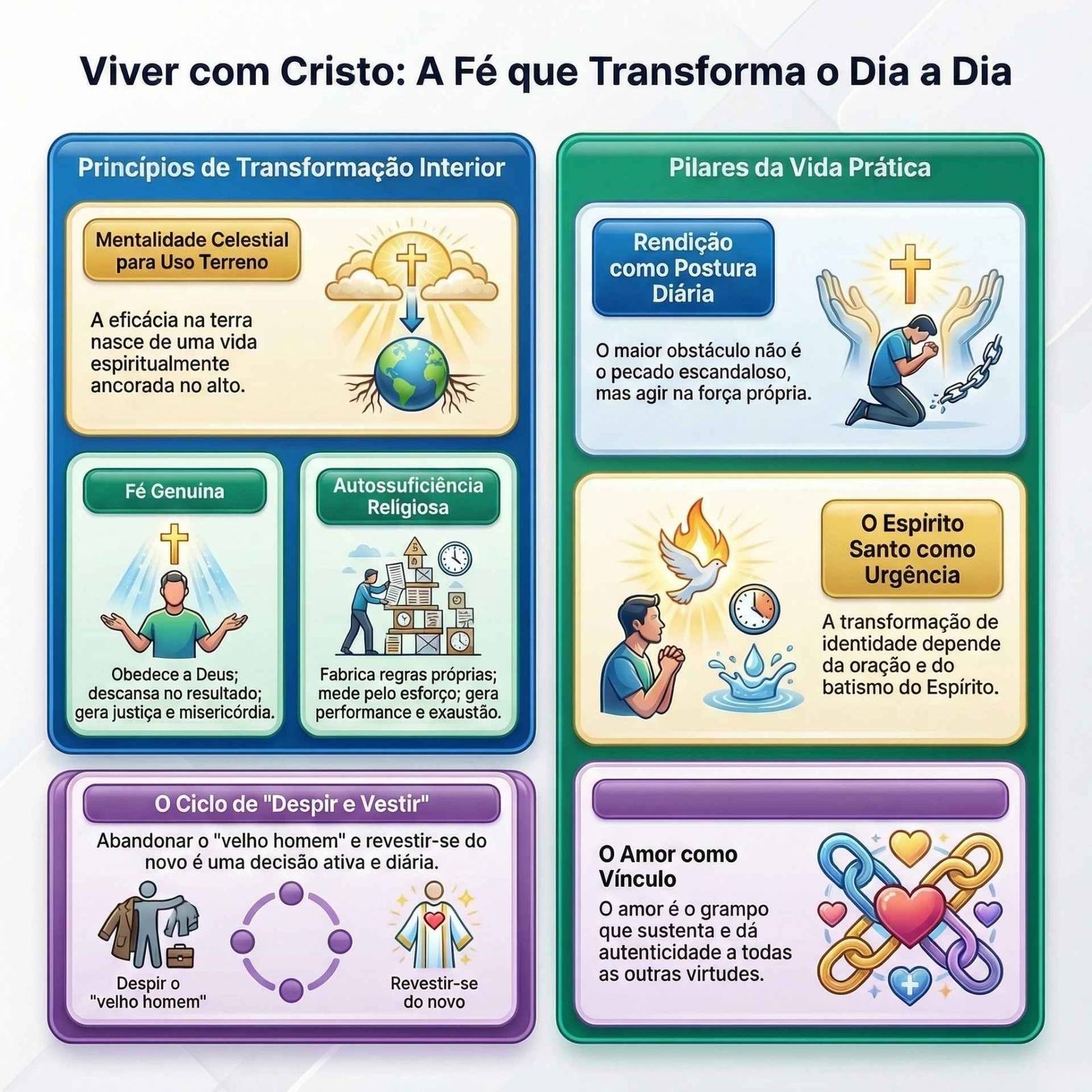 Infográfico sobre espiritualidade cristã diária. Painéis organizam temas de transformação interior e vida prática.
