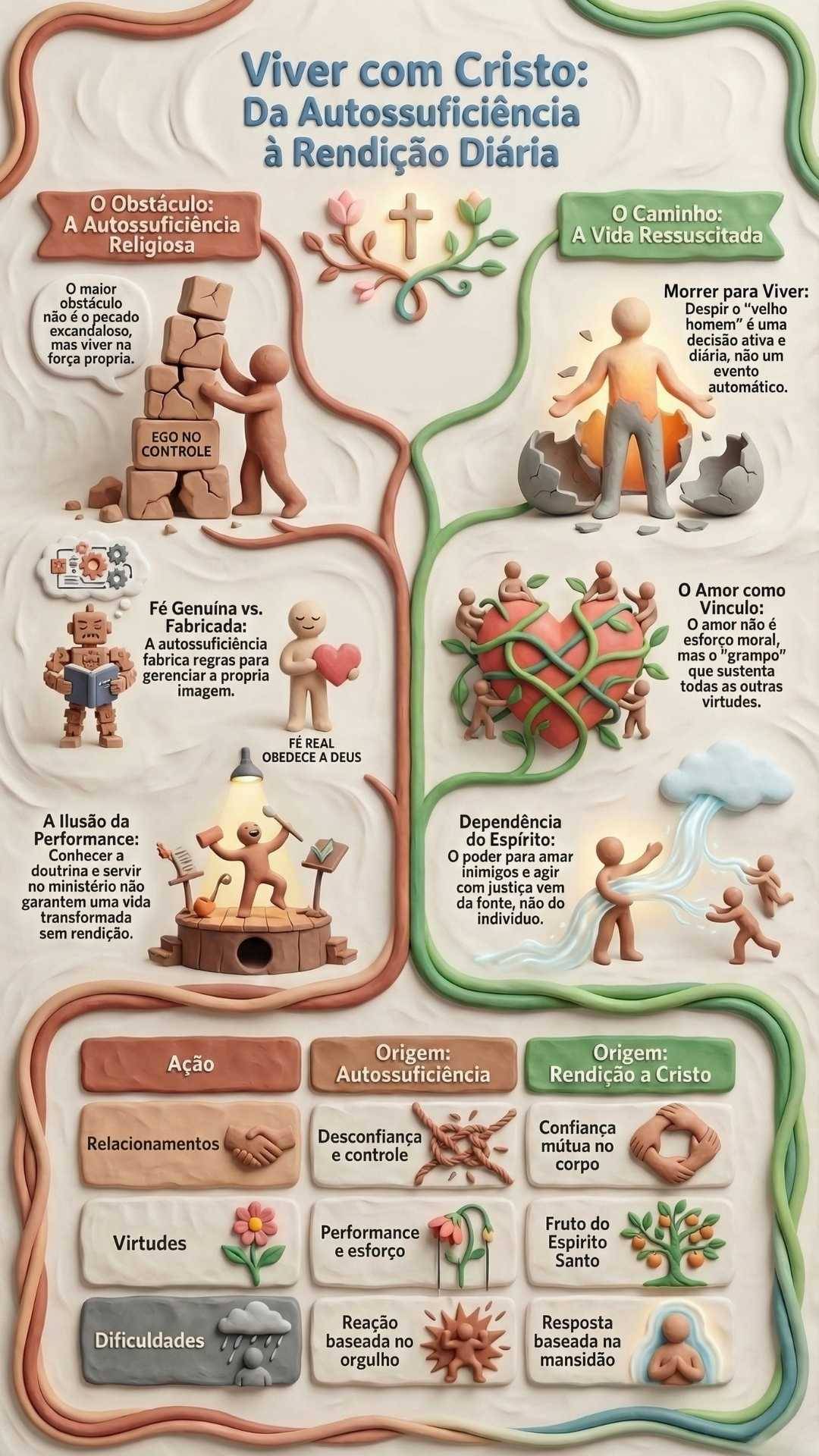 Viver Com Cristo: A Fé Que Transforma O Dia A Dia Infográfico em estilo 3D de massinha sobre vida cristã. O título foca na transição da autossuficiência para a rendição diária.