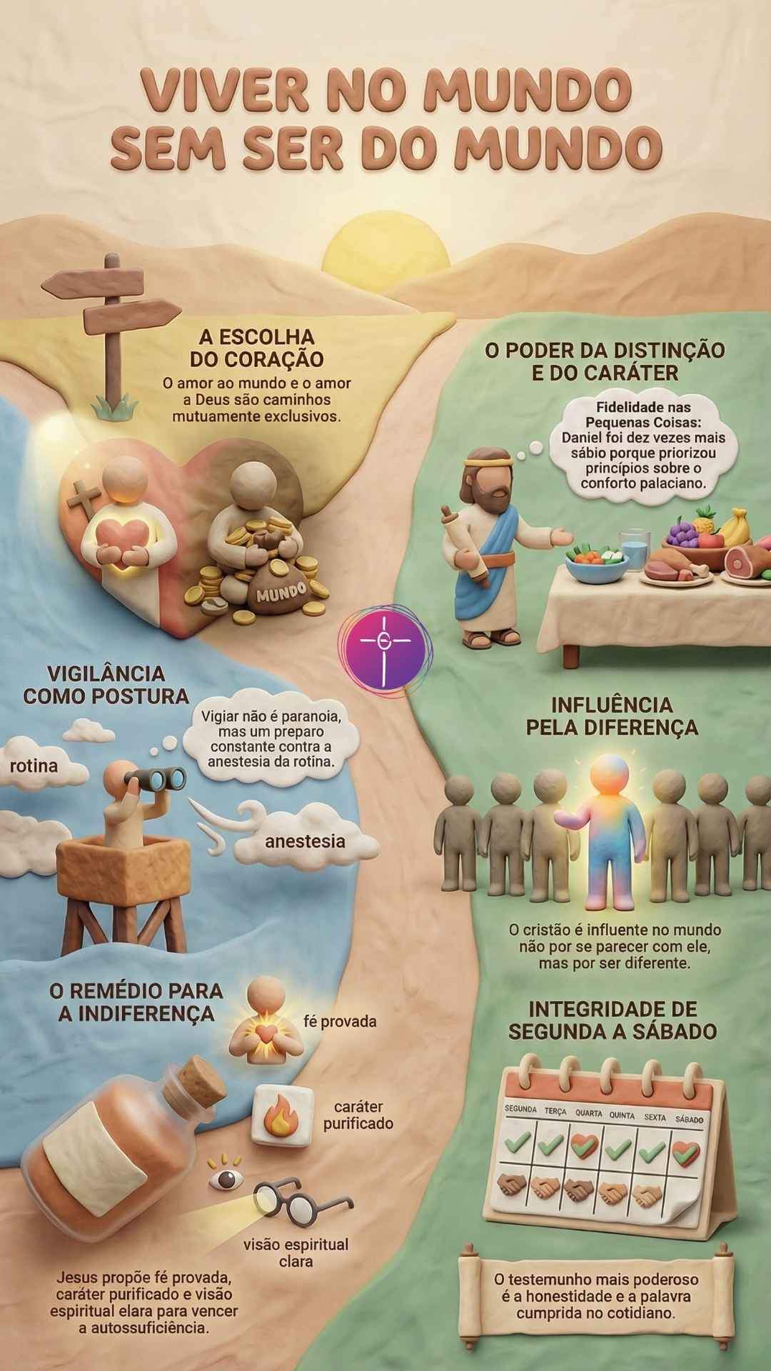 Infográfico espiritual com estética de massinha 3D. Título: Viver no Mundo sem ser do Mundo.